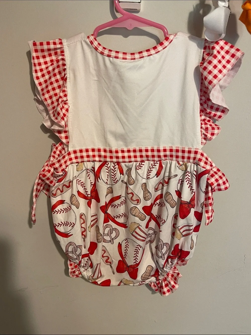 Red & White Gingham Baseball Bubble Romper 2T girls bow
